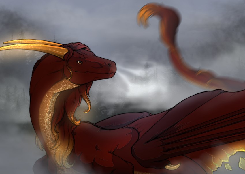 amber_eyes ambiguous_gender black_sclera feral fur horn mane membrane_(anatomy) membranous_wings red_body red_fur red_mane red_membrane red_scales red_wings scales solo tail tail_tuft tuft wings yellow_body yellow_horn yellow_scales flamingtitania mythology dragon mythological_creature mythological_scalie scalie