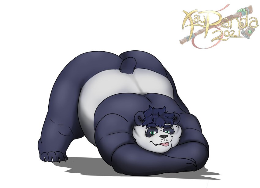 anthro ass_up belly big_butt black_nose butt jack-o'_pose male overweight overweight_male pose simple_background solo tongue tongue_out white_background xaypanda mav_(deadly_kiten) bear giant_panda mammal 2021