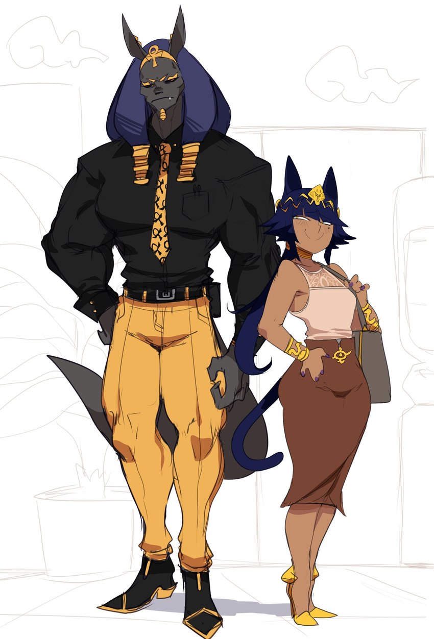 anthro blue_hair bottomwear brown-skinned_male brown_body brown_skin clothed clothing dark_body dark_skin duo egyptian female furgonomics hair hand_on_hip larger_male male markings mole_(marking) purse simple_background size_difference skirt smaller_female tail tail_through_skirt white_background lightsource egyptian_mythology middle_eastern_mythology mythology anubis murasaki_(lightsource) animal_humanoid cat_humanoid deity felid felid_humanoid feline feline_humanoid humanoid mammal mammal_humanoid hi_res male_(lore)