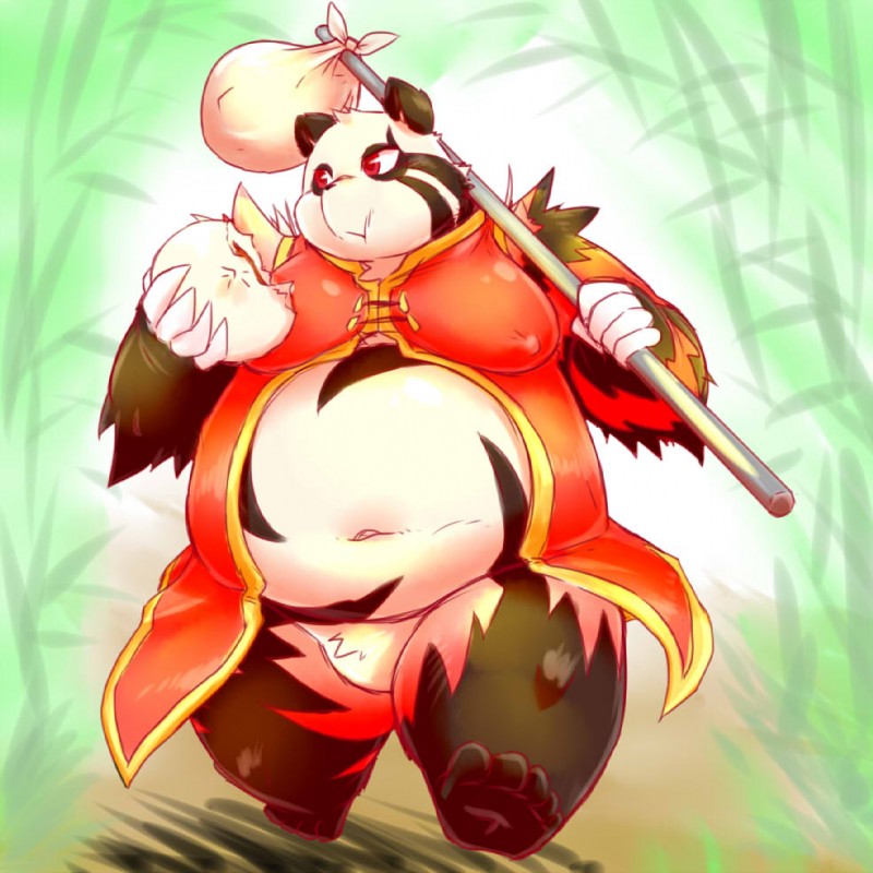 anthro asian_clothing bulge chinese_clothing clothing east_asian_clothing eating food male overweight overweight_anthro overweight_male pastry slightly_chubby solo walking chiro_(artist) fanfan bear giant_panda mammal 1:1