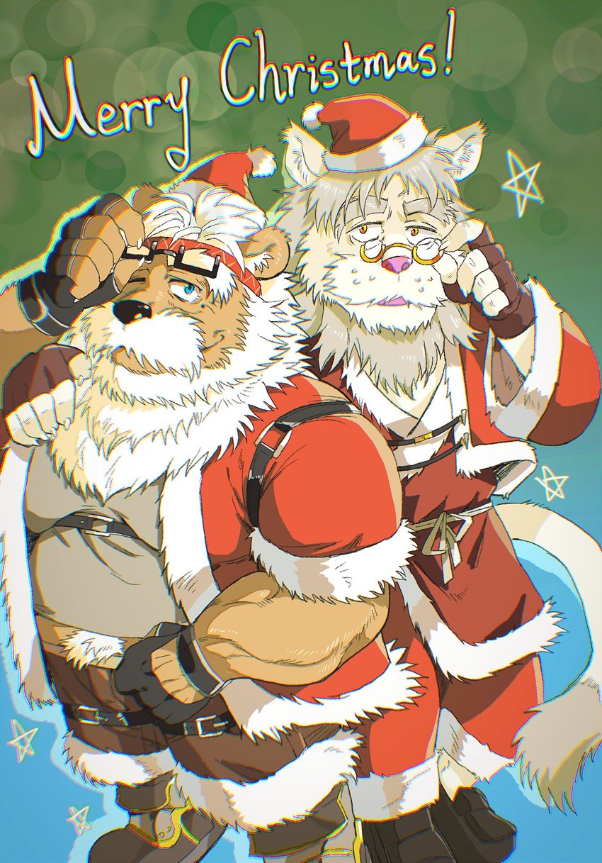 anthro christmas_clothing christmas_headwear clothed clothing duo eyewear glasses hat headgear headwear holidays hug humanoid_hands kemono male one_eye_closed overweight overweight_male santa_hat wink yazoe christmas santa_claus felid lion mammal pantherine 2022 hi_res