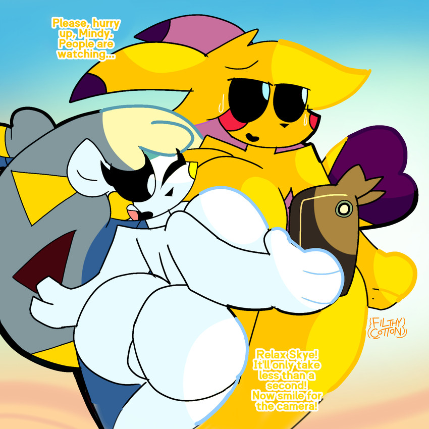 anthro anthrofied beach big_breasts black_sclera breasts butt dialogue duo electronics embarrassed female fur grey_hair hair nude nude_anthro nude_female one_eye_closed open_mouth outside phone pokemorph sand smile tail text thick_thighs white_body white_eyes wink yellow_body yellow_fur unfortu-nate nintendo pokemon mindy_(unfortu-nate) skye_(unfortu-nate) generation_1_pokemon generation_7_pokemon pikachu pokemon_(species) togedemaru 1:1 2025 digital_media_(artwork) english_text hi_res redraw