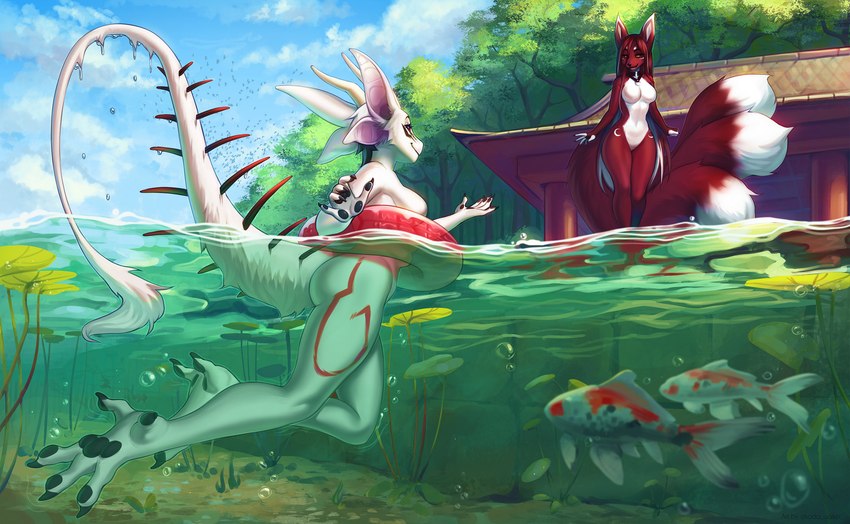 anthro breasts duo featureless_breasts featureless_crotch female fluffy fluffy_tail hair long_hair multi_ear multi_tail outside partially_submerged tail thick_thighs koda_walker amur_carp canid canine carp cyprinid cypriniform fish fox koi mammal marine typical_carp unknown_species hi_res