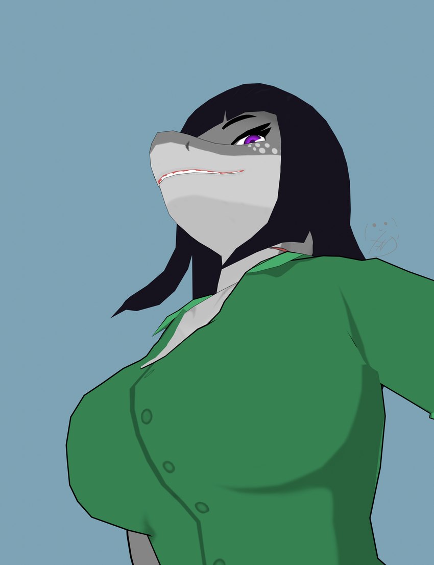 anthro big_breasts breasts female grey_body hair long_hair purple_eyes simple_background smile solo vicenice daniela_sanchez fish marine shark 3d_(artwork) absurd_res blender_(artwork) digital_media_(artwork) hi_res trans_(lore) trans_woman_(lore)