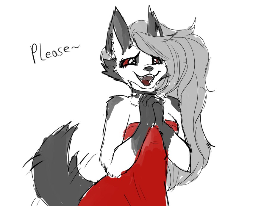 anthro clothing cocktail_dress dress fangs female glistening glistening_eyes happy red_clothing red_dress solo teeth doupperart_(artist) helluva_boss mythology loona_(helluva_boss) canid canid_demon canine demon hellhound mammal mythological_canine mythological_creature