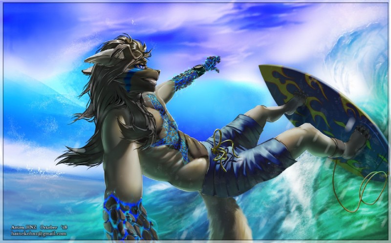 anthro aurora_(phenomenon) clothing frutiger_aero hair long_hair male photo sea sky smile solo sport surfboard surfing swimming_trunks swimwear water hnz kowareta_ookami canid canine canis mammal wolf