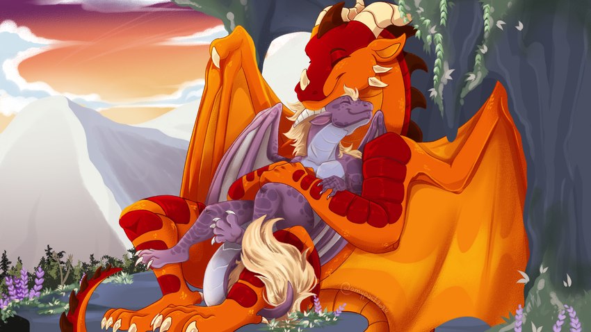 anthro blonde_mane claws detailed_background duo eyes_closed feral flower happy horn hug male male/male mane mountain orange_body orange_scales plant purple_body purple_scales scales size_difference smile sunset tail toe_claws amypast_(artist) mythology wings_of_fire dranavok laggron dragon mythological_creature mythological_scalie scalie skywing_(wof) absurd_res detailed hi_res