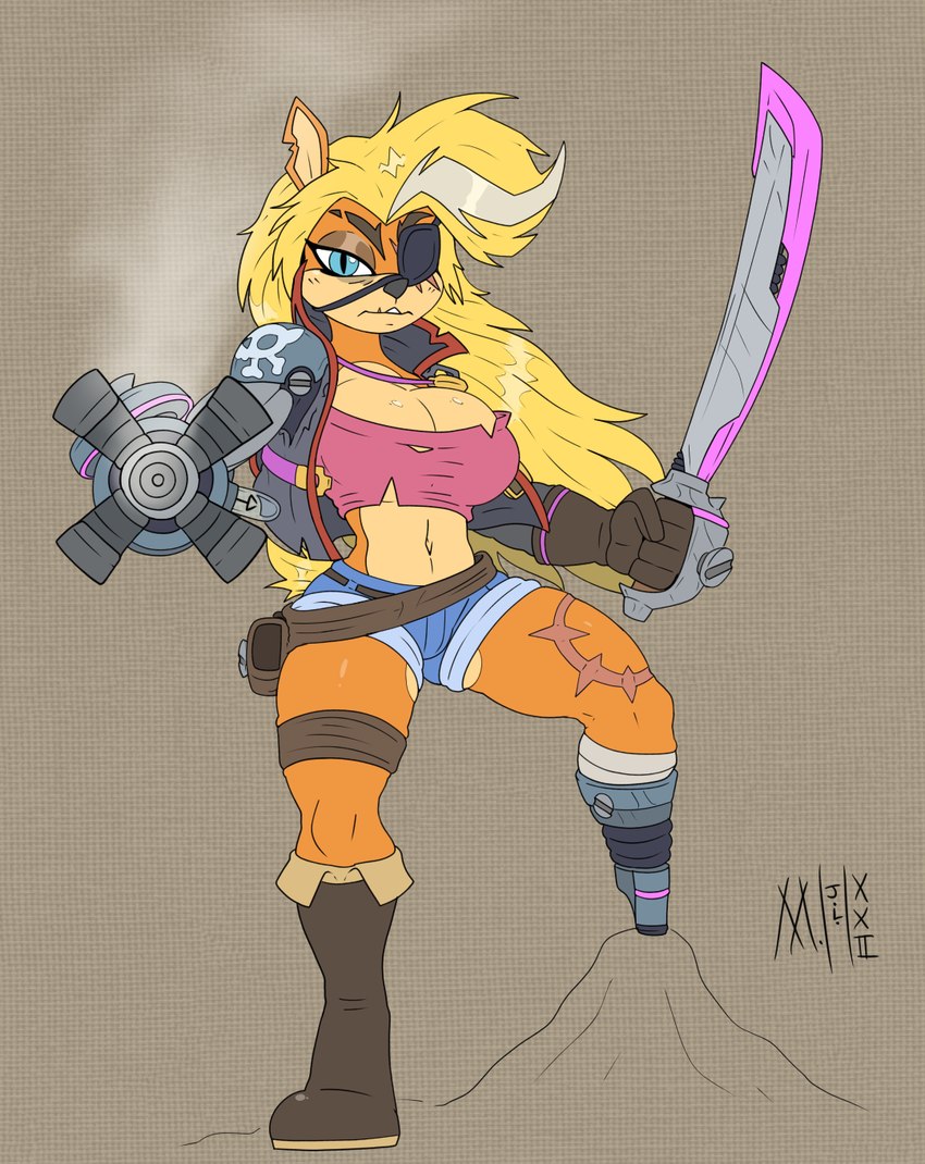 anthro boots bottomwear clothing cybernetics eye_patch eyewear female footwear hair hotpants jacket machine melee_weapon messy_hair mouth_scar notched_ear pirate prosthetic prosthetic_leg prosthetic_limb redesign shoes shorts solo sword topwear torn_clothing weapon weapon_arm meatboom activision crash_bandicoot_(series) pirate_tawna bandicoot cyborg mammal marsupial 2022 hi_res