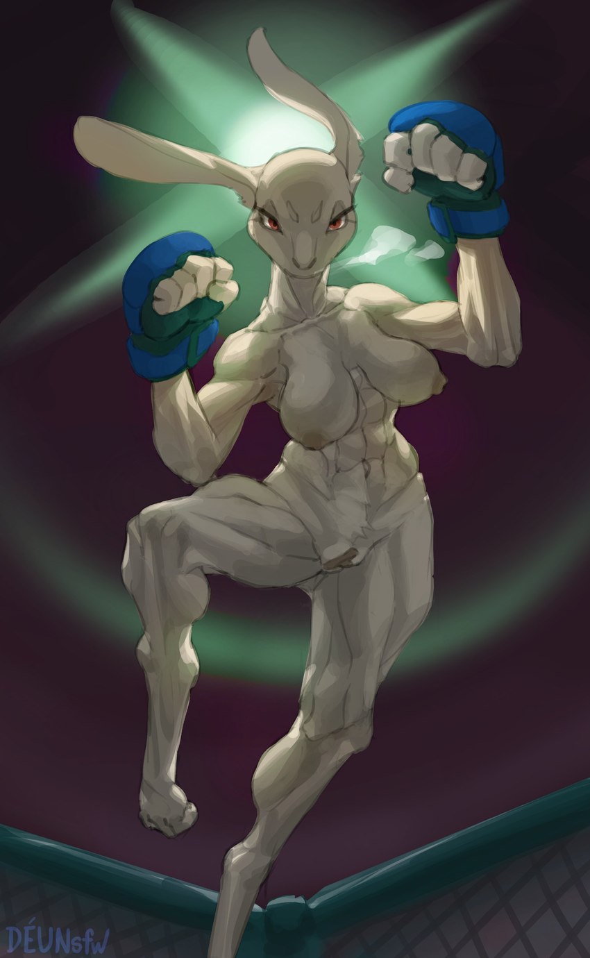 5_fingers abs angry anthro blue_boxing_gloves blue_clothing blue_handwear boxing_gloves breasts breath breathing brown_nipples brown_pussy clothing exposure_variation eyebrows eyelashes feet female fighting_pose fighting_ring fingers front_view fur genitals handwear light looking_at_viewer low-angle_view muscular muscular_anthro muscular_female muscular_thighs navel nipples nude pose pussy rabbit_ears red_eyes solo text white_body white_fur white_sclera deu lagomorph leporid mammal rabbit 2022 absurd_res artist_name colored digital_media_(artwork) hi_res lighting