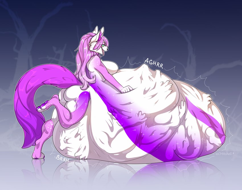 anthro anthro_pred breasts digestion female green_eyes hair long_tail mass_vore pink_hair solo tail vore white_body white_skin cmitchell digital_media_(artwork) hi_res