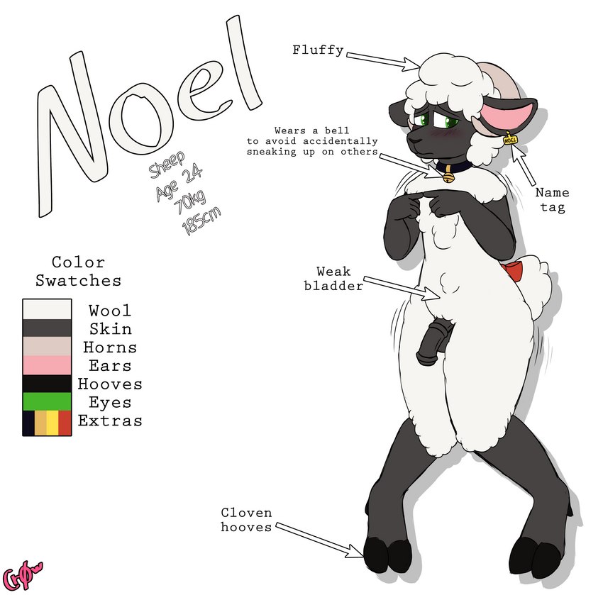 anthro bell bell_collar blush cloven_hooves collar color_swatch ear_piercing ear_tag fluffy fur genitals hooves horn introduction knock-kneed male name_tag nervous nude penis piercing solo text wool_(fur) koofey noel_sheepinger bovid caprine mammal sheep absurd_res digital_drawing_(artwork) digital_media_(artwork) english_text hi_res model_sheet watermark