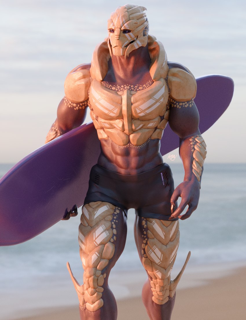 beach bodypaint clothing face_paint male muscular muscular_male outside seaside solo surfboard swimming_trunks swimwear walking water kagekave bioware electronic_arts mass_effect verros alien turian 3d_(artwork) digital_media_(artwork) hi_res