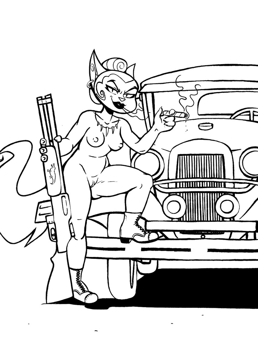 accessory anthro blowing_smoke boots boots_only breasts car cigar clitoral_hood clothing ear_piercing ear_ring eyelashes female footwear footwear_only genitals gun hair hair_accessory hair_bun holding_gun holding_object holding_ranged_weapon holding_shotgun holding_weapon jewelry lipstick looking_at_viewer makeup mostly_nude motor_vehicle necklace nipples nude outside piercing pussy raised_leg ranged_weapon ring_piercing shoes shotgun simple_background smile smoke smoking smoking_cigar solo tail tied_hair vehicle vintage_car weapon emulsified_bungus lackadaisy serafine_savoy domestic_cat felid feline felis mammal black_and_white hi_res monochrome