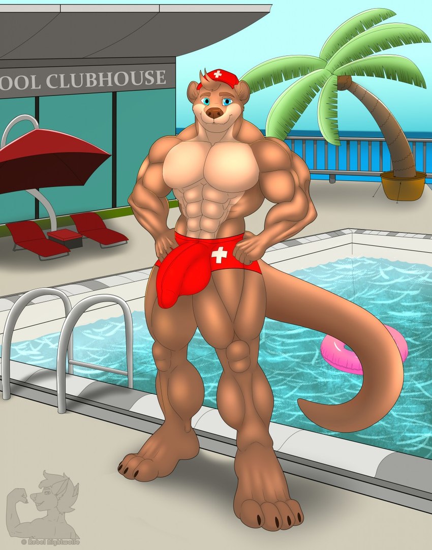 4_toes 5_fingers abs anthro balls_outline barazoku big_arms big_bulge big_chest big_feet big_muscles big_pecs biped blue_eyes broad_shoulders brown_body brown_fur brown_nose building bulge chair claws clothing detailed_background detailed_bulge erection erection_in_swimming_trunks erection_under_clothing feet fence fingers fur furniture genital_outline glans_outline hands_on_hips hat headgear headwear lifeguard lifeguard_swimsuit looking_at_viewer lounge_chair male male_anthro muscular muscular_anthro muscular_male outside palm_tree pecs penis_outline plant plantigrade pool_ladder pool_toy red_clothing red_hat red_headwear red_swimwear serratus sky smile solo standing swim_ring swimming_pool swimwear table tail thick_neck thick_thighs tight_swimsuit toe_claws toes tree umbrella water rebel_nightwolfe mammal mustelid otter hi_res