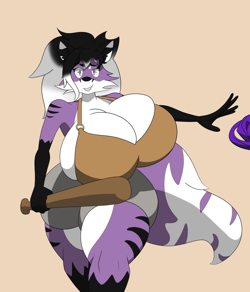 anthro bat_(object) big_breasts black_hair breasts clothing female hair huge_breasts purple_body solo thick_thighs topwear underwear kuge canid canine fox mammal hi_res