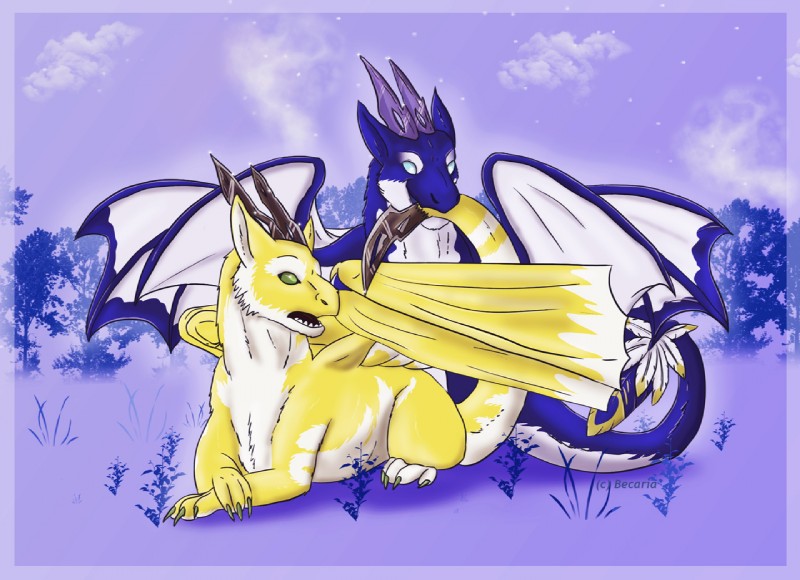 blue_body blue_fur chibi duo feathers feral fluffy fur male membrane_(anatomy) membranous_wings multicolored_body multicolored_fur tail white_body white_fur wings becaria mythology axirpy lothar dragon furred_dragon furred_scalie mythological_creature mythological_scalie scalie