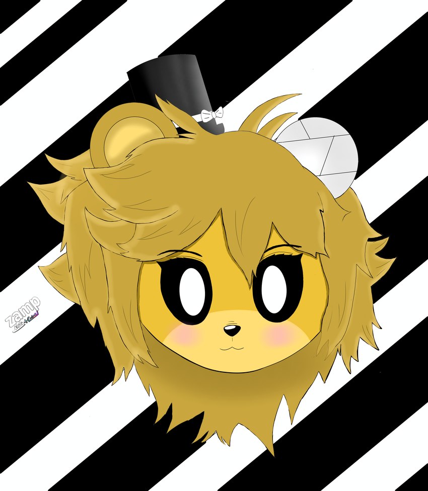 anthro blonde_hair clothing female hair hat headgear headwear pattern_background simple_background solo striped_background top_hat yellow_body zamparte fredina's_nightclub type_0_(cryptiacurves) bear mammal 2024 absurd_res digital_media_(artwork) hi_res