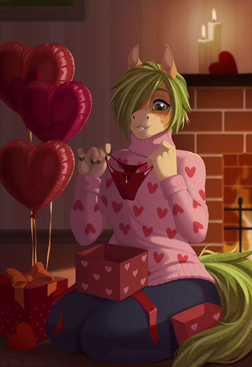 anthro balloon brown_body clothing detailed_background gift green_eyes green_hair hair inflatable male pink_clothing solo sweater tail topwear il'ka equid equine horse mammal hi_res