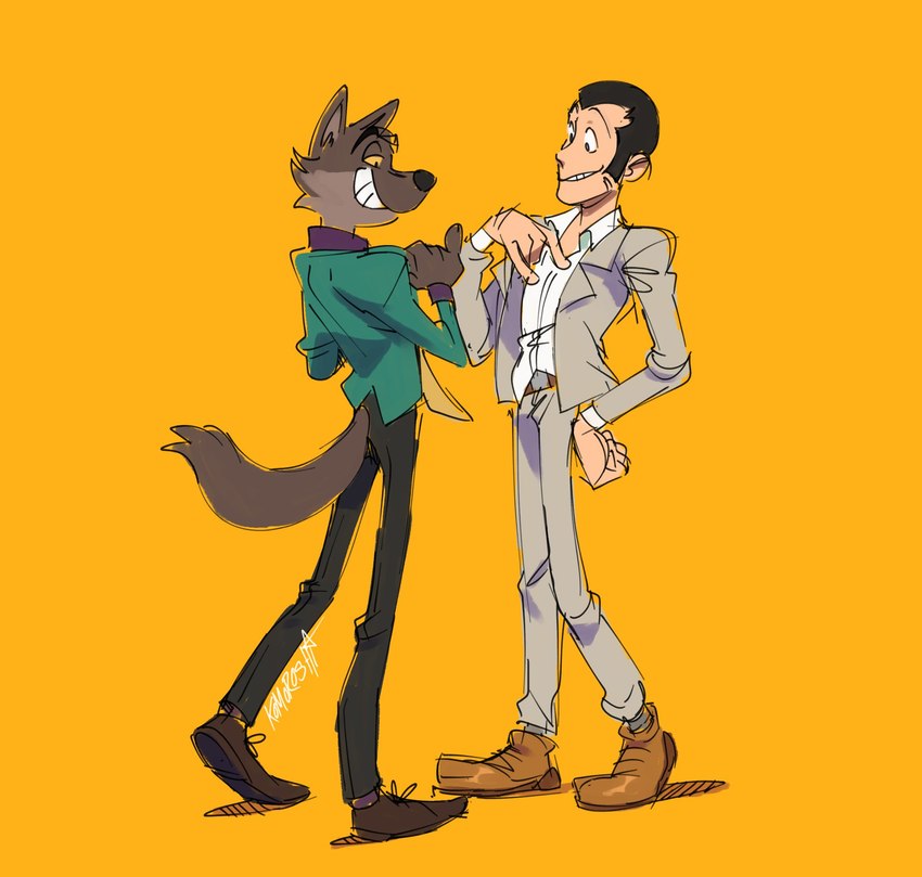 alternate_costume anthro belt belt_buckle black_nose brown_body brown_fur buckle clothed clothing clothing_swap dress_shirt duo eyebrows facial_hair footwear fur humanoid_hands male necktie raised_eyebrow shirt shoes sideburns sleeves smile topwear yellow_eyes komoroshi_(artist) dreamworks lupin_iii the_bad_guys arsene_lupin_iii mr._wolf_(the_bad_guys) canid canine canis human mammal wolf crossover hi_res