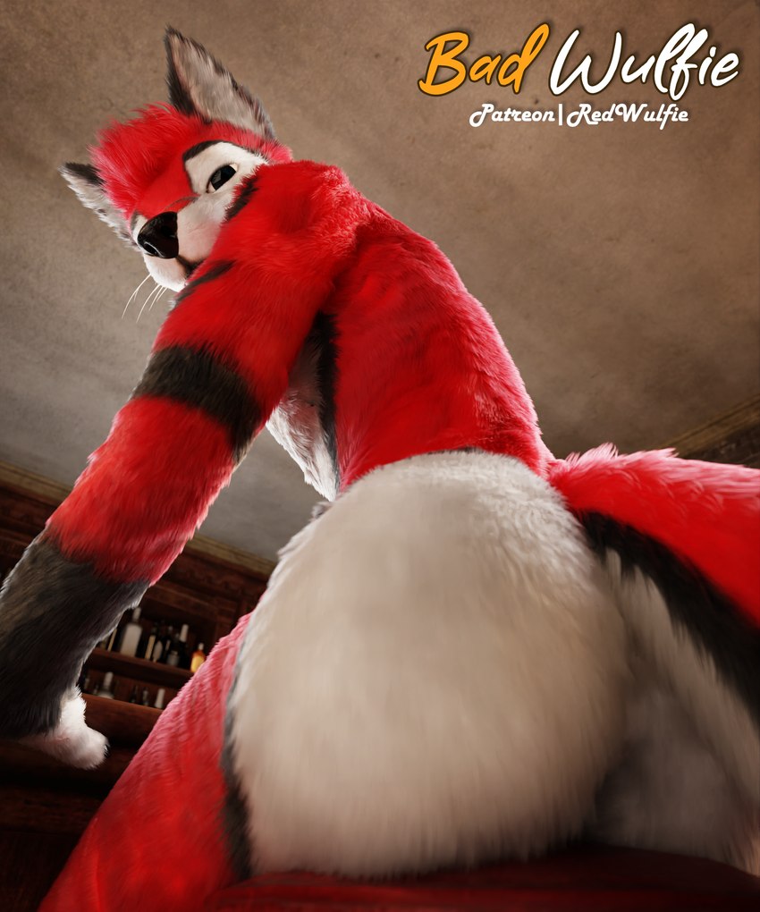 anthro bar biped butt close-up fluffy fur male male_anthro nude realistic red_body red_fur solo white_body white_fur red_wulfie blender_cycles red_(red_wulfie) canid canine canis mammal wolf 3d_(artwork) blender_(artwork) digital_media_(artwork) hi_res