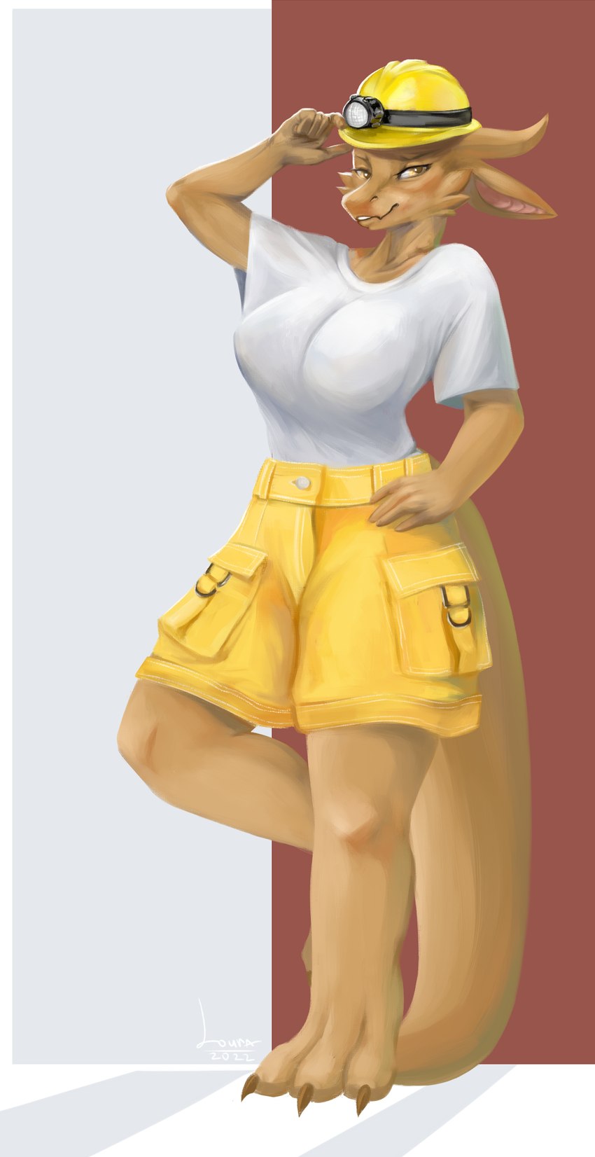 anthro armor big_breasts bottomwear breasts brown_body clothing ears_down feet female hard_hat headgear helmet horn looking_at_viewer non-mammal_breasts on_wall pivoted_ears red_wall scales shirt shorts simple_background smile solo tail toes topwear white_background white_clothing white_shirt white_topwear yellow_bottomwear yellow_clothing yellow_eyes yellow_shorts louraa bren kobold scalie 2022 absurd_res hi_res