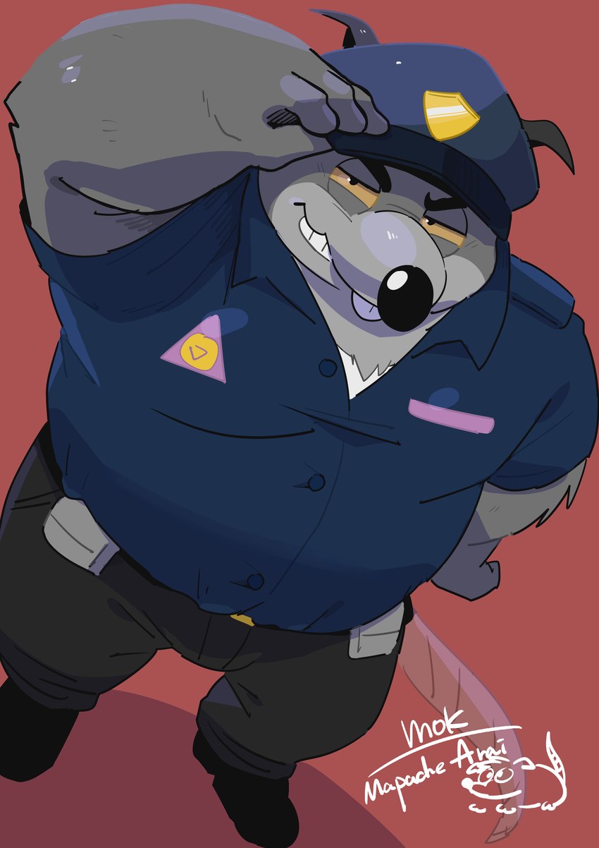 anthro black_nose bottomwear clothing grey_body humanoid_hands kemono male overweight overweight_male pants police police_officer police_uniform shirt simple_background solo topwear uniform uokkom brok_the_investigator cowcat_games generic_rat_(brok_the_investigator) mammal murid murine rat rodent 2022 absurd_res hi_res