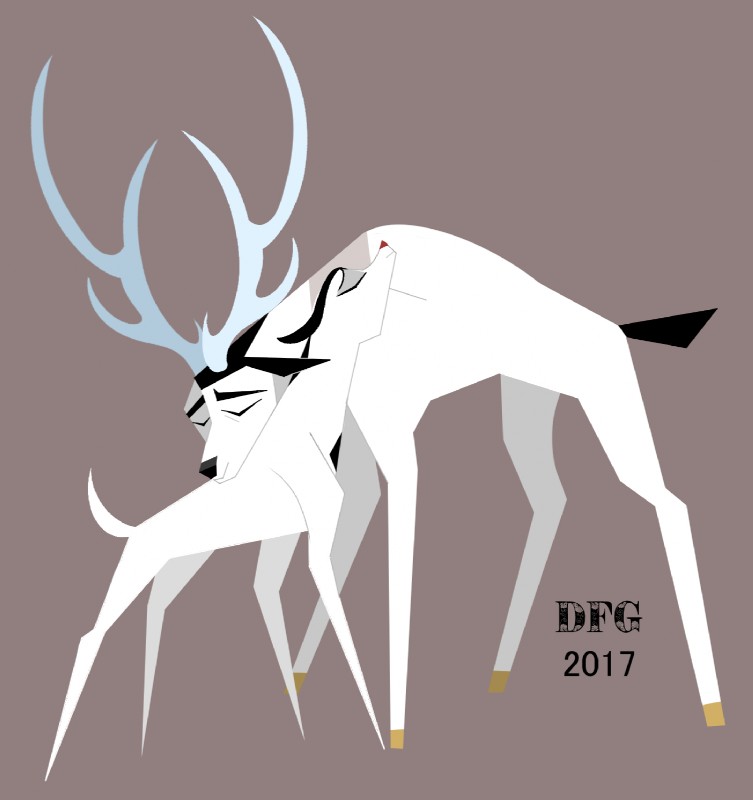 alternate_species anthro antlers black_body black_nose black_skin duo ears_down eyes_closed female feral feralized horn male pink_nose pivoted_ears simple_background smile standing white_body white_skin dragonfoxgirl samurai_jack ashi_(samurai_jack) samurai_jack_(character) deer mammal 2017 hi_res