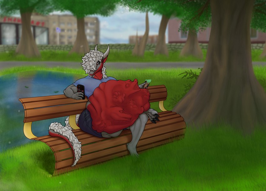 abdominal_bulge belly belly_overhang bench bent_leg biceps big_belly bottomwear building claws clothed clothing dessert detailed_background electronics fatal_vore food fur grass grey_body grey_hair group hair holding_object horizontal_pupils ice_cream imminent_death leaf looking_at_object looking_away male male_prey mouth_closed muscular on_bench orange_sclera outside park path pecs phone plant planted_sign pond pupils reflection shirt shorts sign sitting sitting_on_bench sky solo_focus struggling tail thick_thighs topwear tree vore wall_(structure) water theember mythology the_ember dragon mythological_creature mythological_scalie scalie colored digital_drawing_(artwork) digital_media_(artwork) hi_res shaded