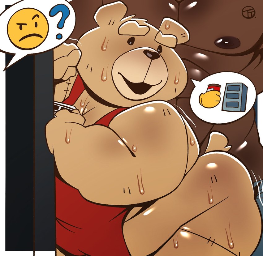 anthro big_butt bodily_fluids brown_body brown_skin butt clothed clothing dark_body dark_skin dialogue duo half_naked human_on_anthro interspecies male male/male nipples nude overweight overweight_anthro overweight_male partially_clothed partially_clothed_anthro plushie plushophilia smile speech_bubble sweat tall toy trashtoonz ted_(film) universal_studios ted_(ted) animate_inanimate bear human living_plushie mammal hi_res