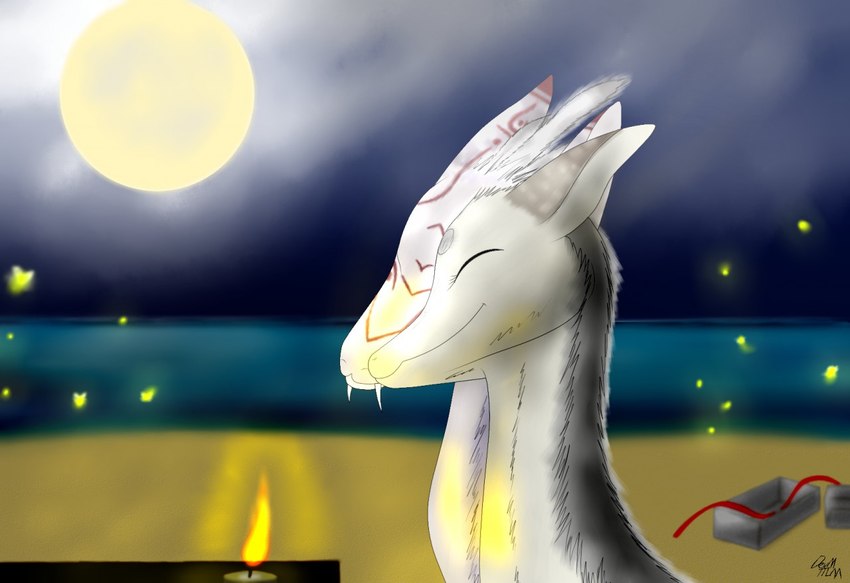 beach candle deviantmarshal_(artist) duo eyes_closed facial_markings female feral fur head_markings lit_candle malachais_(character) male male/female markings moon night nuzzling sea side_view smile water mythology lilana_rose dra'essa dragon furred_dragon furred_scalie mammal mythological_creature mythological_scalie scalie 2015 digital_drawing_(artwork) digital_media_(artwork)