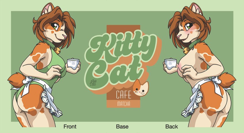 advertisement anthro apron bell bell_collar blush bobtail breasts brown_hair butt clothed clothing collar container cup female fur green_eyes hair looking_at_viewer mostly_nude nipples orange_body orange_fur smile solo tan_body tan_fur tea_cup text michele_light matcha_(michele_light) bobtail_cat domestic_cat felid feline felis japanese_bobtail mammal 2024 english_text