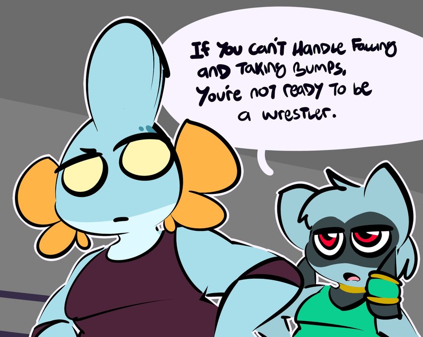 anthro dialogue duo female freckles grey_background jewelry male red_eyes simple_background talking_to_another wrestling wrestling_outfit 1upgobbo nintendo pokemon anubis_(1upgobbo) noh_(1upgobbo) generation_3_pokemon generation_4_pokemon mudkip pokemon_(species) riolu 2024 hi_res