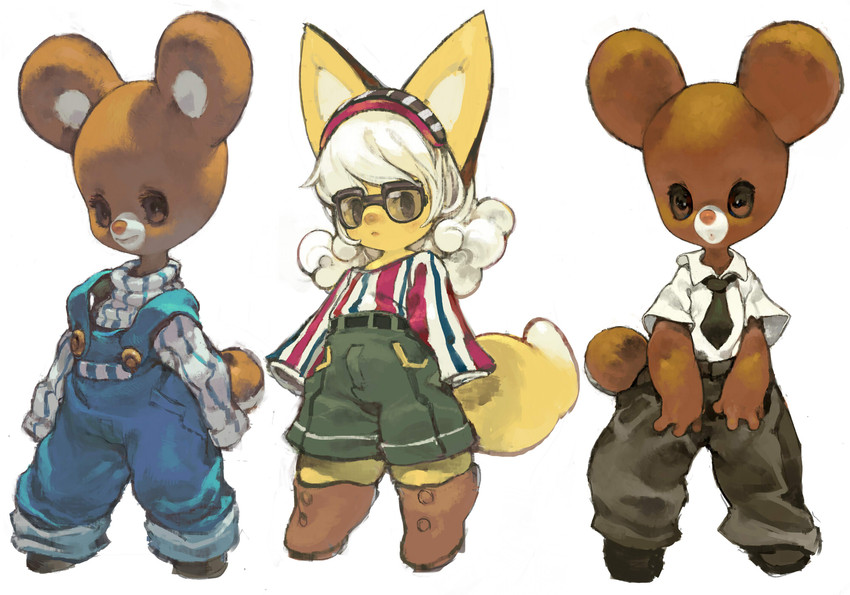 ambiguous_gender anthro belt bottomwear brown_body clothing eyewear footwear glasses group hair looking_at_viewer necktie open_mouth overalls shirt shoes shorts simple_background standing topwear white_background white_hair yellow_body koki bear canid canine fox mammal 2017 hi_res