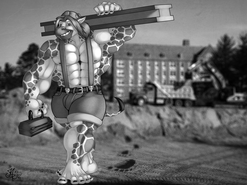 5_fingers 5_toes abs anthro areola armor barefoot biceps big_feet big_muscles biped bottomwear bracers braces_(clothing) bulge clothing feet fingers flowing_hair fur girder hair hard_hat headgear helmet holding_object humanoid_feet humanoid_hands leather leather_bracers looking_at_viewer male mansion muscular muscular_anthro muscular_male nipples pecs photo_background plant plantigrade shorts smile solo tail toes toolbox tree truck walking modem_redpill raffe giraffe giraffid mammal 4:3 digital_drawing_(artwork) digital_media_(artwork) greyscale monochrome photography_(artwork)