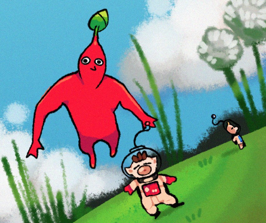 ambiguous_gender armor black_eyes brown_hair cloud day grass group hair headgear helmet jumping leaf looking_at_viewer male on_grass pink_nose plant red_body red_nose space_helmet spacesuit standing tan_body tan_ears tan_skin trio datbx nintendo pikmin louie_(pikmin) olimar alien alien_humanoid elemental_creature elemental_humanoid flora_fauna hocotatian humanoid pikmin_(species) plant_humanoid red_pikmin 2023 digital_media_(artwork)