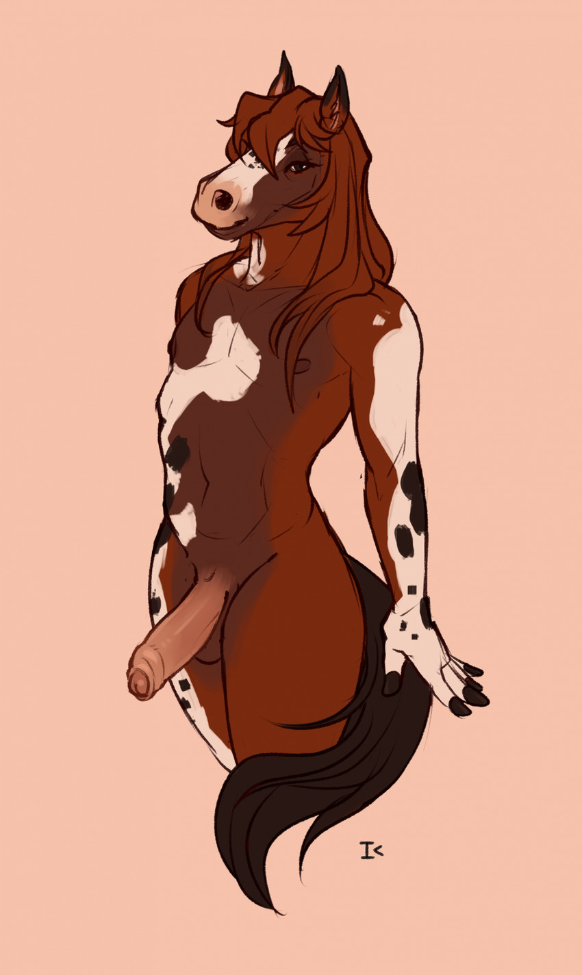 anthro bangs bedroom_eyes big_penis black_ear_tips black_fingertips black_markings black_tail brown_body brown_eyes brown_nipples dark_eyelids dipstick_ears ear_markings erection eyelashes femboy fingers flaccid foreskin genitals hair hooved_fingers hooves humanoid_genitalia humanoid_penis long_hair long_mane male mane markings multicolored_ears narrowed_eyes nipples nude orange_body penis pink_nose seductive simple_background sketchy slim solo tail tan_background tan_penis white_markings interkos appleseed_(interkos) appaloosa equid equine horse mammal 2023 absurd_res hi_res portrait three-quarter_portrait