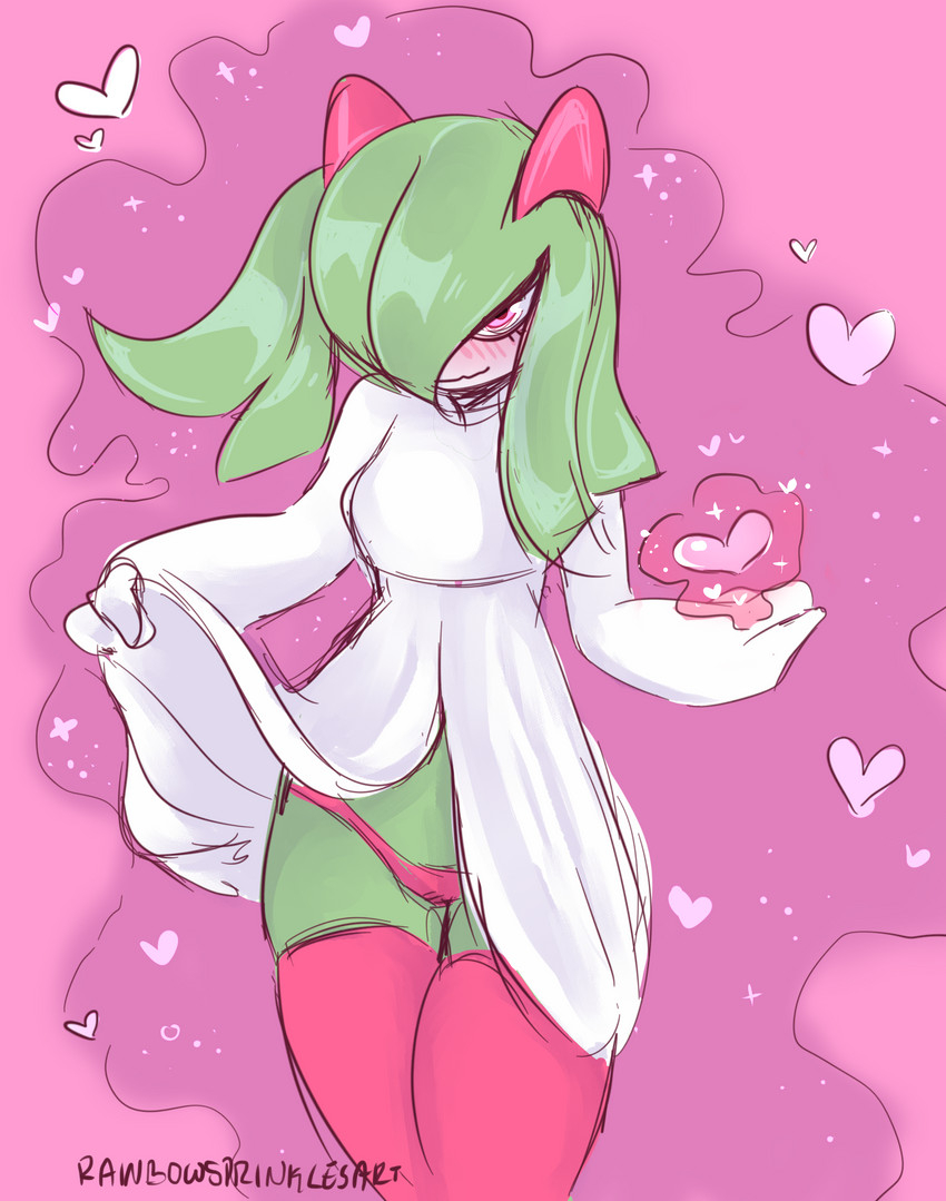 clothed clothing clothing_lift dress dress_lift female front_view green_hair hair hair_over_eye heart_symbol legwear looking_at_viewer not_furry one_eye_obstructed panties pokemorph solo thigh_highs underwear rainbowsprinklesart nintendo pokemon generation_3_pokemon humanoid kirlia pokemon_(species) 2019 absurd_res hi_res portrait three-quarter_portrait