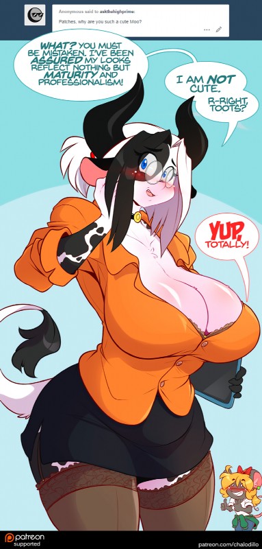 absolute_territory anthro big_breasts black_hair black_spots blonde_hair blue_eyes blush breasts cleavage clothed clothing curvy_figure duo eyebrows eyelashes female fur grey_body grey_fur hair horn huge_breasts leggings legwear looking_at_viewer multicolored_hair open_mouth simple_background smile solo_focus spots text thick_thighs two_tone_hair user_avatar voluptuous white_body white_fur white_hair wide_hips chalo las_lindas tumblr alejandra_coldthorn tootsie bovid bovine cattle holstein_friesian_cattle mammal mouse murid murine rodent english_text hi_res url