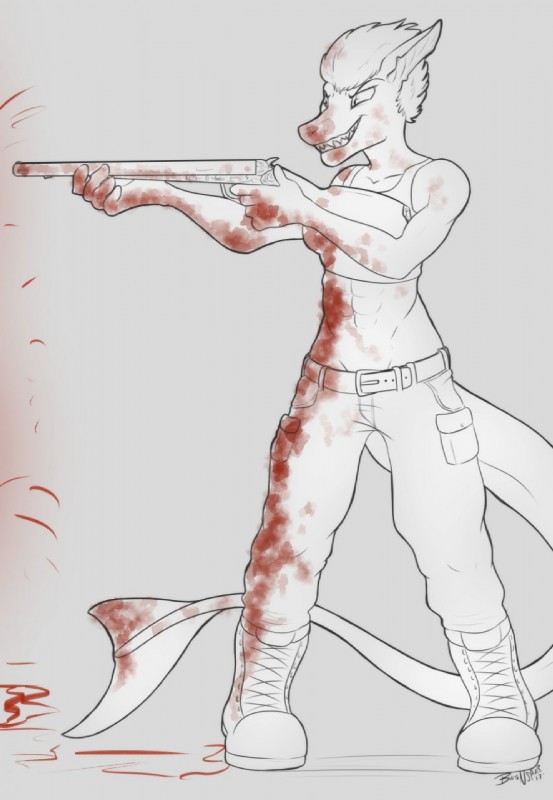 blood bodily_fluids breasts female gore gun hair muscular muscular_female non-mammal_breasts non-mammal_hair ranged_weapon simple_background small_breasts smile solo weapon buns-n-spurs realm_of_earth_defence_force white_oyster francine_sikorska fish marine shark hi_res