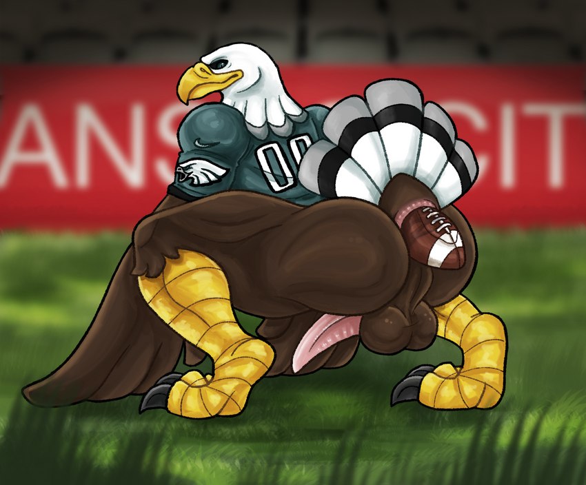 anal anthro anus balls beak bottomless bottomless_anthro bottomless_male brown_balls brown_perineum butt clothed clothing football_field football_gear football_uniform genitals improvised_sex_toy looking_at_viewer looking_back male mascot non-mammal_balls object_in_ass penetration penis perineum raised_tail solo tail syndhart nfl philadelphia_eagles swoop_(philadelphia_eagles) accipitrid accipitriform avian bald_eagle bird eagle sea_eagle hi_res