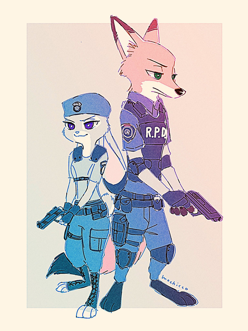 anthro bad_trigger_discipline border bulletproof_vest clothed clothing duo ears_down fully_clothed fur gradient_background green_eyes grey_body grey_fur gun hat headgear headwear holding_gun holding_object holding_ranged_weapon holding_weapon orange_body orange_fur pivoted_ears police police_uniform purple_eyes ranged_weapon simple_background smile standing toeless_legwear uniform weapon white_border mochicco capcom disney resident_evil zootopia jill_valentine judy_hopps leon_kennedy nick_wilde canid canine fox lagomorph leporid mammal rabbit red_fox true_fox 2020 3:4 hi_res