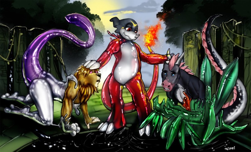 alternate_color anthro corruption fire flaming_tail group hypnosis latex male mind_control simple_background tail transformation croft bandai_namco digimon mythology nintendo pokemon darkmon_(ryodramon) fan_character charmeleon digimon_(species) dragon felid generation_1_pokemon generation_3_pokemon grovyle legendary_pokemon lion mammal mewtwo mythological_creature mythological_scalie pantherine pokemon_(species) scalie veemon