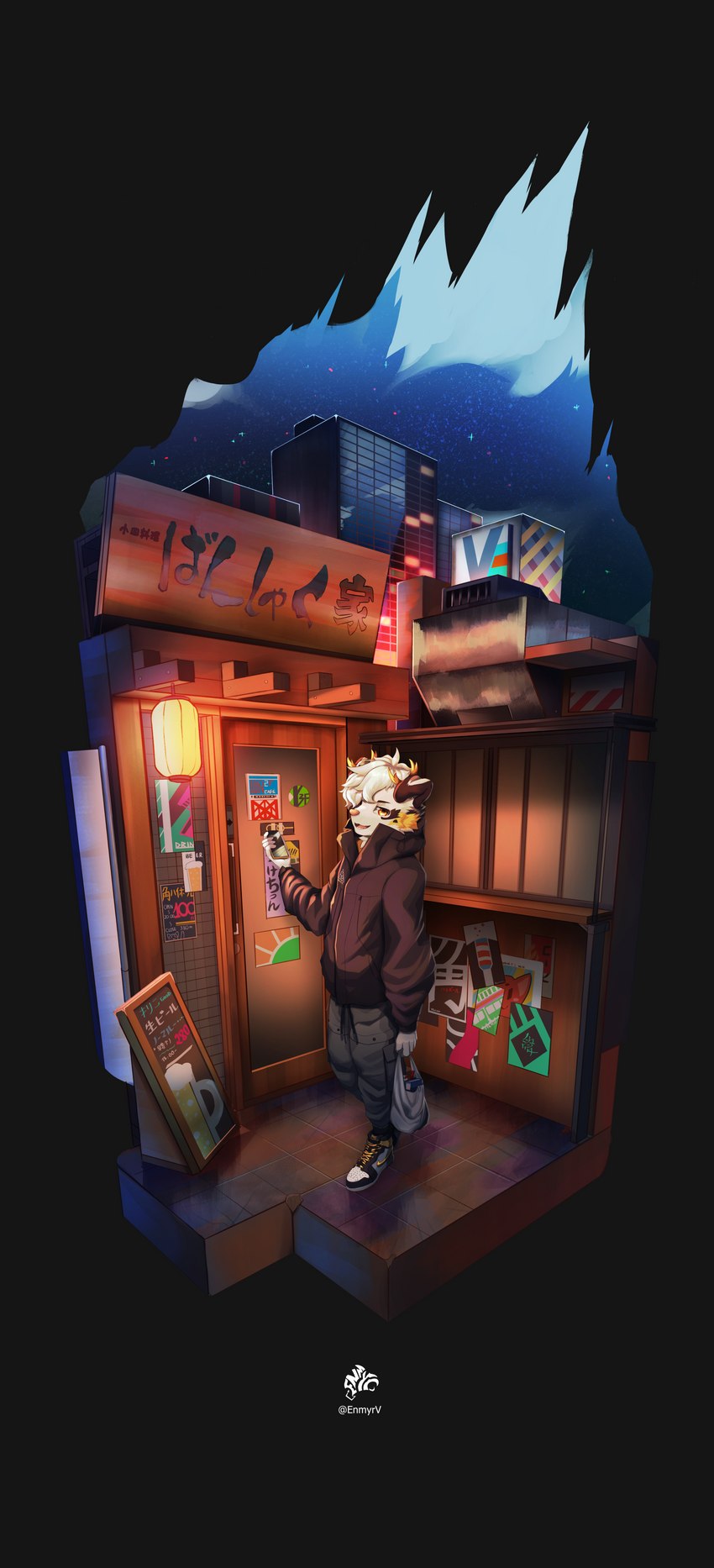 anthro city clothing electronics footwear jacker japanese lamp lantern male neon night phone shoes sneakers solo street enmyr canid canine canis deer domestic_dog mammal absurd_res hi_res