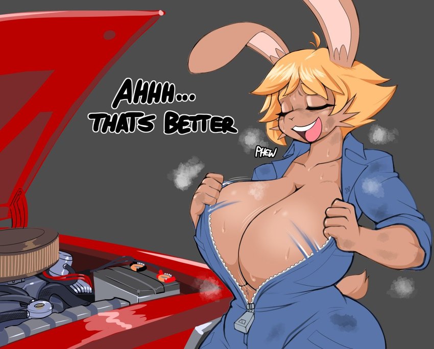 anthro big_breasts blonde_hair bodily_fluids breasts car_hood cleavage clothed clothing coveralls dirty engine female hair huge_breasts long_ears mechanic solo sweat sweaty_breasts unzipped zipper shyning_fingah lagomorph leporid mammal rabbit