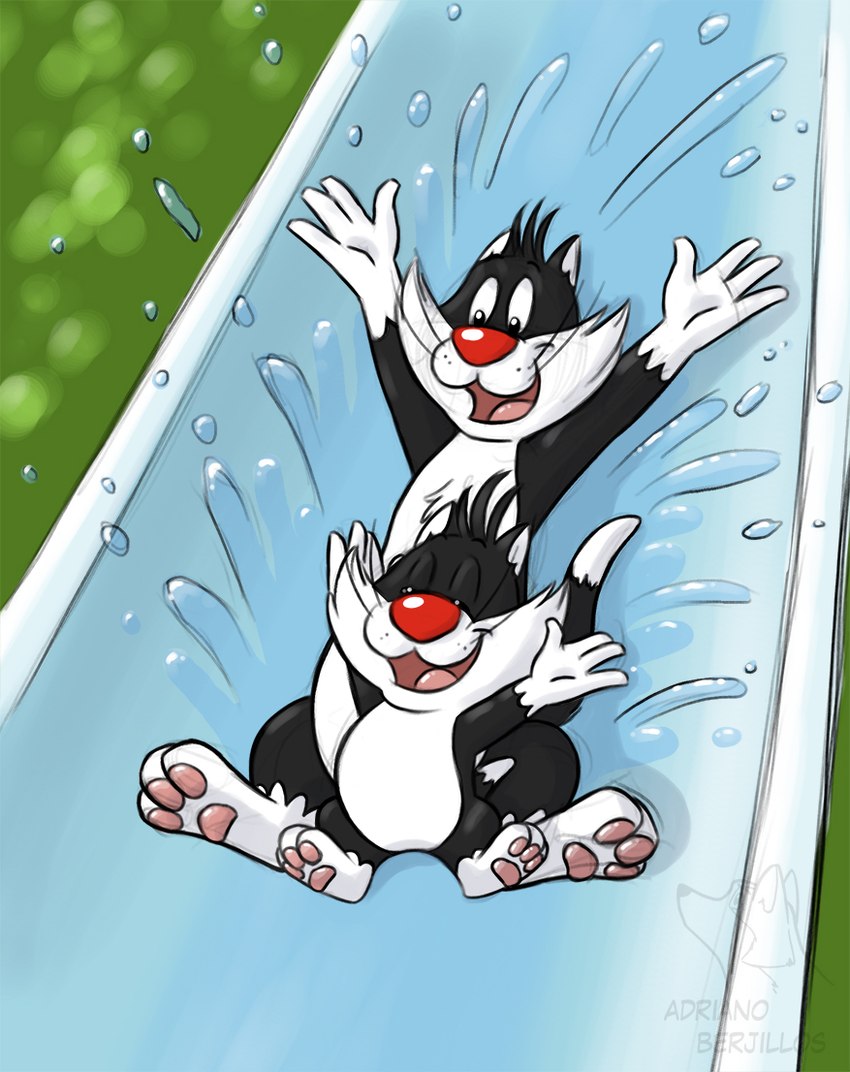 3_toes 4_fingers amusement_park anthro duo eyes_closed feet fingers fur male multicolored_body multicolored_fur pawpads pink_pawpads red_nose slide sliding smile spread_arms summer tail toes water water_drop water_park water_slide whiskers young adriano_berjillos looney_tunes warner_brothers sylvester_(looney_tunes) sylvester_jr. domestic_cat felid feline felis mammal