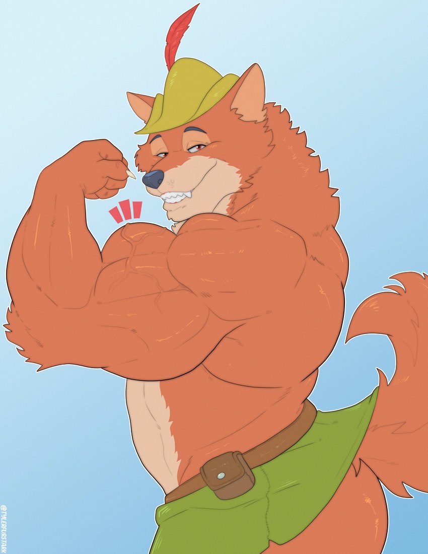 anthro barazoku belt biceps big_biceps big_muscles blue_background bottomwear claws clothed clothing deltoids emanata eyebrows flexing flexing_bicep fur hat headgear headwear huge_muscles looking_at_viewer male manly muscular muscular_anthro muscular_male pouch_(clothing) red_eyes side_view simple_background skirt smile solo standing teeth topless topless_anthro topless_male triceps tuft vein tylerstark disney robin_hood_(disney) robin_hood canid canine fox mammal red_fox true_fox 2023 absurd_res hi_res