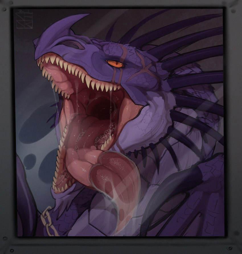 ambiguous_gender bodily_fluids chain claws feral horn licking looking_at_viewer membrane_(anatomy) mouth_shot open_mouth orange_eyes purple_body purple_scales saliva scales scar sharp_teeth simple_background solo teeth throat tongue tongue_out wings nevolsky dreamworks european_mythology how_to_train_your_dragon mythology pythor_(fan_character) dragon mythological_creature mythological_scalie reptile scalie skrill_(species) western_dragon digital_media_(artwork) headshot_portrait hi_res portrait