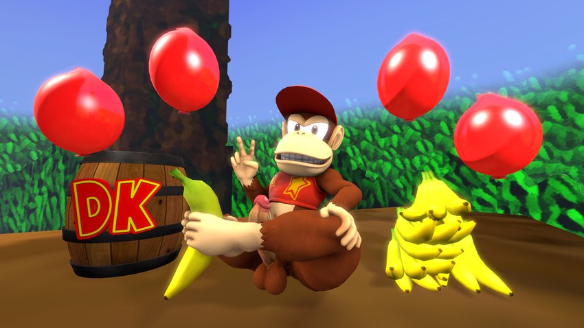 anthro balloon balls banana barrel big_penis brown_body brown_fur clothing crop_top food fruit fur genitals gesture half-closed_eyes hand_gesture hand_on_leg hand_on_own_leg hat headgear headwear holding_banana holding_food holding_fruit holding_object holding_object_with_feet inflatable looking_at_viewer male multicolored_body multicolored_clothing multicolored_crop_top multicolored_fur multicolored_shirt multicolored_topwear narrowed_eyes on_ground outside penis plant pose red_clothing red_crop_top red_hat red_headwear red_shirt red_topwear shirt sitting sitting_on_ground smile solo tan_body tan_ears tan_fur tan_nose teeth topwear tree two_tone_body two_tone_clothing two_tone_crop_top two_tone_fur two_tone_shirt two_tone_topwear v_sign yellow_clothing yellow_crop_top yellow_shirt yellow_topwear doommusk donkey_kong_(series) nintendo diddy_kong haplorhine kong mammal monkey primate 16:9 2021 3d_(artwork) digital_media_(artwork) hi_res source_filmmaker_(artwork) widescreen