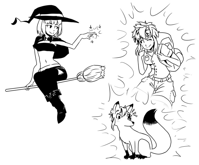 before_and_after breasts broom cleaning_tool clothed clothing duo female feral flying hair human_to_feral magic magic_user navel short_hair simple_background species_transformation standing surprise transformation white_background witch xbc9 canid canine fox human mammal 2018 monochrome