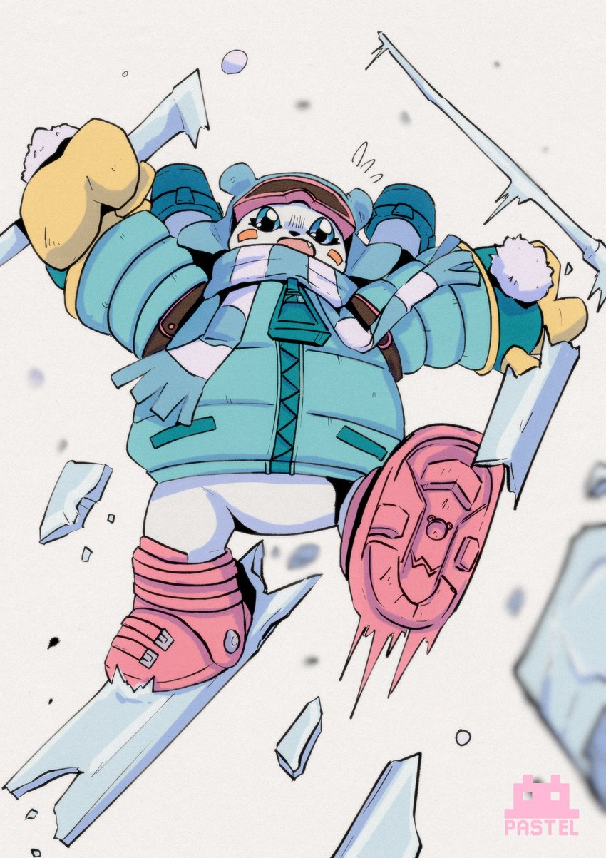 ambiguous_gender anthro beanie blue_eyes boots bottomless clothed clothing coat eyewear footwear fur goggles hat headgear headwear parka scarf shoes ski skiing snow solo topwear white_body white_fur pastelmon_art bandai_namco digimon digimon_(species) polarbearmon absurd_res hi_res